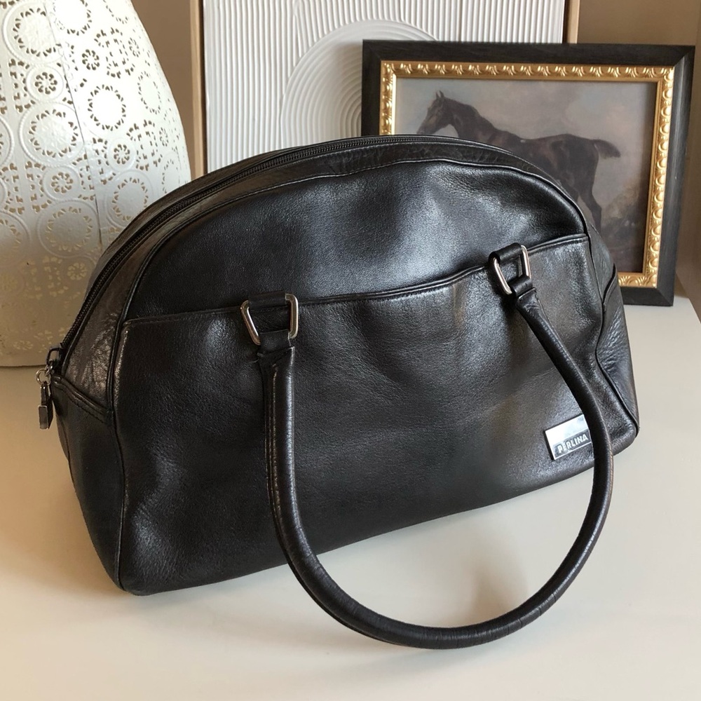 Perlina New York Satchel Arch soft black leather handbag silver hardware